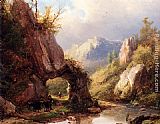 A Mountain Valley With A Peasant And Cattle Passing Along A Stream